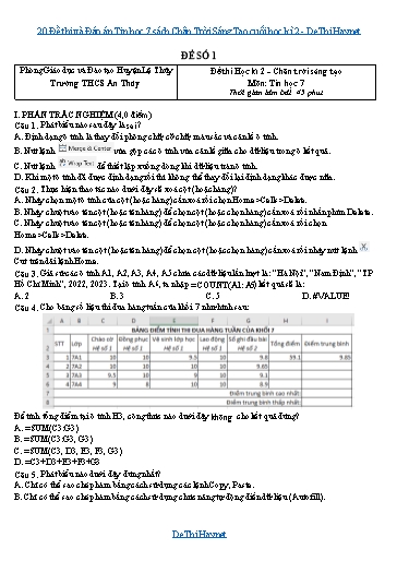 20 Đề thi và Đáp án Tin học 7 sách Chân Trời Sáng Tạo cuối học kì 2