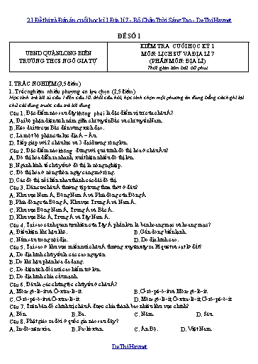21 Đề thi và Đáp án cuối học kì 1 Địa lí 7 - Bộ Chân Trời Sáng Tạo