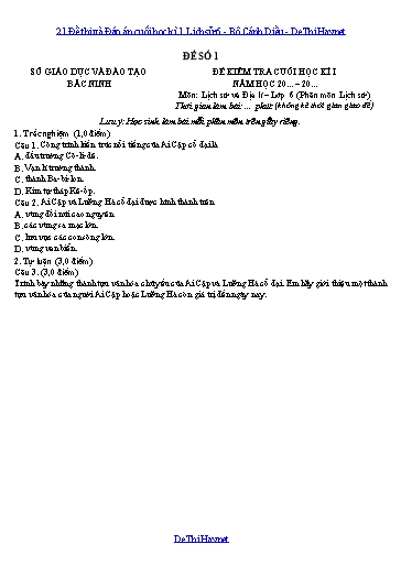 21 Đề thi và Đáp án cuối học kì 1 Lịch sử 6 - Bộ Cánh Diều