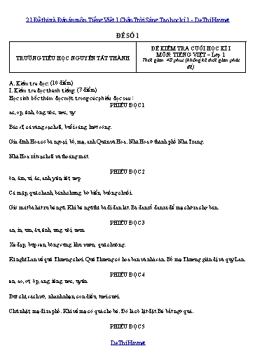 21 Đề thi và Đáp án môn Tiếng Việt 1 Chân Trời Sáng Tạo học kì 1