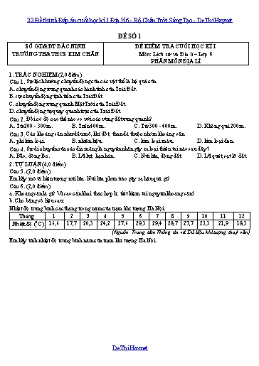 22 Đề thi và Đáp án cuối học kì 1 Địa lí 6 - Bộ Chân Trời Sáng Tạo