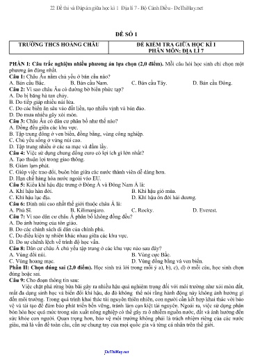 22 Đề thi và Đáp án giữa học kì 1 Địa lí 7 - Bộ Cánh Diều