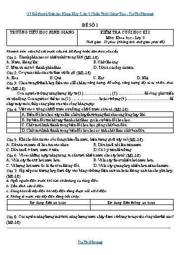 27 Đề thi và Đáp án Khoa Học Lớp 5 Chân Trời Sáng Tạo