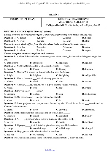8 Đề thi Tiếng Anh 10 giữa Kì 2 i-Learn Smart World (Kèm key)