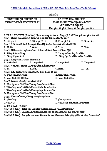 Đề thi và Đáp án cuối học kì 2 Địa lí 7 - Bộ Chân Trời Sáng Tạo