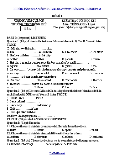 10 Đề thi Tiếng Anh 6 cuối Kì 2 i-Learn Smart World (Kèm key)
