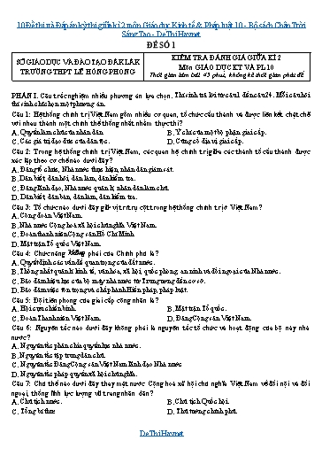 10 Đề thi và Đáp án kỳ thi giữa kì 2 môn Giáo dục Kinh tế & Pháp luật 10 - Bộ sách Chân Trời Sáng Tạo