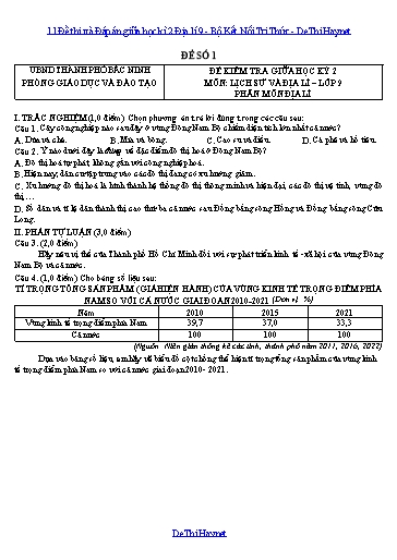 11 Đề thi và Đáp án giữa học kì 2 Địa lí 9 - Bộ Kết Nối Tri Thức