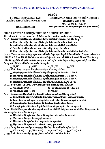 13 Đề thi và Đáp án Vật lí 12 giữa học kì 1 sách KNTT 2025-2026