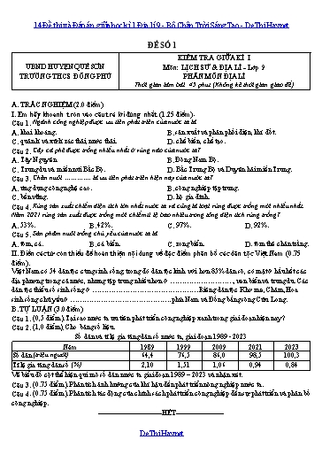 14 Đề thi và Đáp án giữa học kì 1 Địa lí 9 - Bộ Chân Trời Sáng Tạo