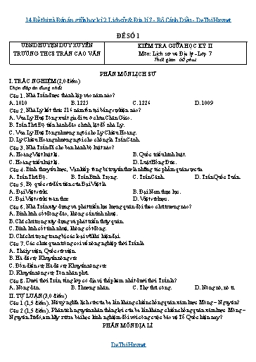 14 Đề thi và Đáp án giữa học kì 2 Lịch sử & Địa lí 7 - Bộ Cánh Diều