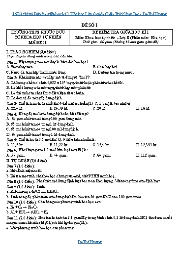 16 Đề thi và Đáp án giữa học kì 1 Hóa học Lớp 8 sách Chân Trời Sáng Tạo