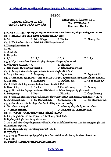20 Đề thi và Đáp án giữa học kì 2 môn Sinh Học Lớp 8 sách Cánh Diều