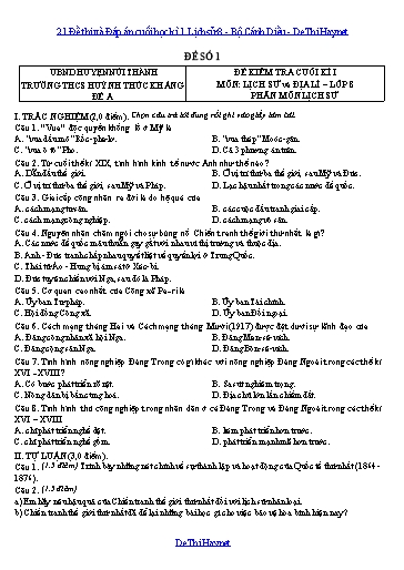 21 Đề thi và Đáp án cuối học kì 1 Lịch sử 8 - Bộ Cánh Diều