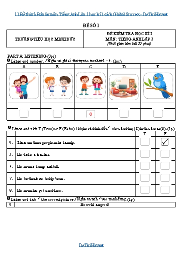 11 Đề thi và Đáp án môn Tiếng Anh Lớp 1 học kì 1 sách Global Success