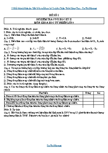 13 Đề thi và Đáp án Vật lí 9 cuối học kì 2 sách Chân Trời Sáng Tạo