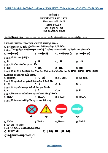 14 Đề thi và Đáp án Toán 6 cuối học kì 1 Kết Nối Tri Thức năm học 2025-2026