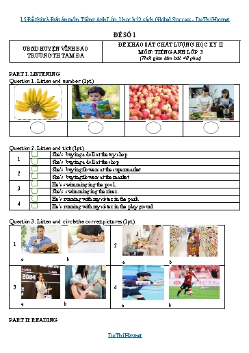 15 Đề thi và Đáp án môn Tiếng Anh Lớp 1 học kì 2 sách Global Success