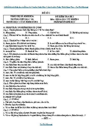 16 Đề thi và Đáp án cuối học kì 1 môn Sinh Học Lớp 6 sách Chân Trời Sáng Tạo