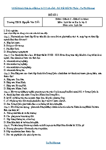 16 Đề thi và Đáp án giữa học kì 2 Lịch sử 8 - Bộ Kết Nối Tri Thức