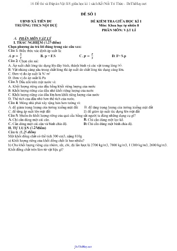 16 Đề thi và Đáp án Vật lí 8 giữa học kì 1 sách Kết Nối Tri Thức