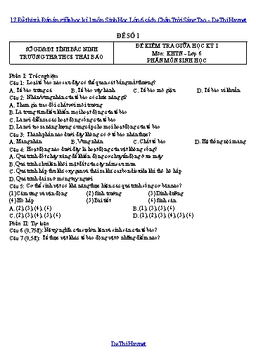 17 Đề thi và Đáp án giữa học kì 1 môn Sinh Học Lớp 6 sách Chân Trời Sáng Tạo