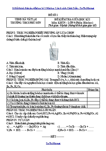 18 Đề thi và Đáp án giữa học kì 1 Hóa học Lớp 9 sách Cánh Diều