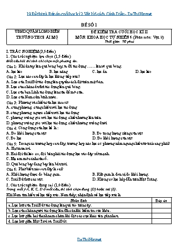 19 Đề thi và Đáp án cuối học kì 2 Vật lí 6 sách Cánh Diều