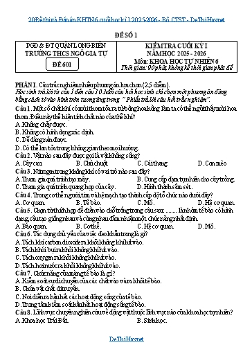 20 Đề thi và Đáp án KHTN 6 cuối học kì 1 2025-2026 - Bộ CTST