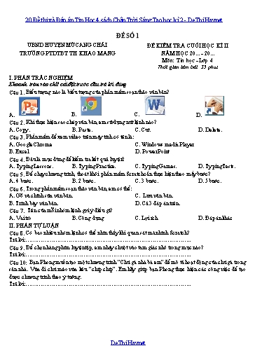 20 Đề thi và Đáp án Tin Học 4 sách Chân Trời Sáng Tạo học kì 2