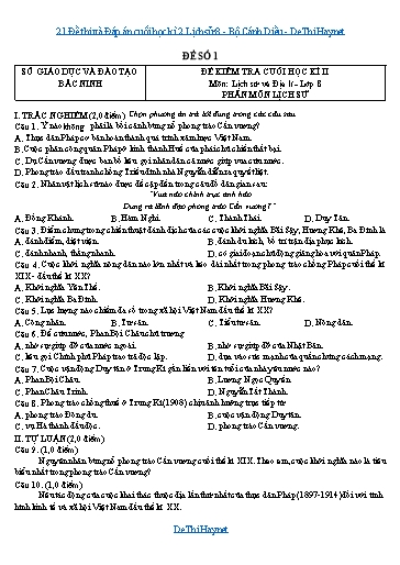 21 Đề thi và Đáp án cuối học kì 2 Lịch sử 8 - Bộ Cánh Diều