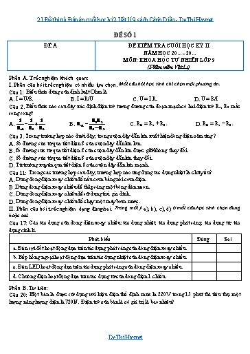 21 Đề thi và Đáp án cuối học kì 2 Vật lí 9 sách Cánh Diều