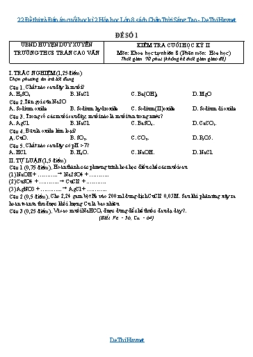 22 Đề thi và Đáp án cuối học kì 2 Hóa học Lớp 8 sách Chân Trời Sáng Tạo