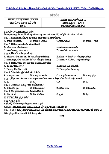 22 Đề thi và Đáp án giữa học kì 2 môn Sinh Học Lớp 6 sách Kết Nối Tri Thức
