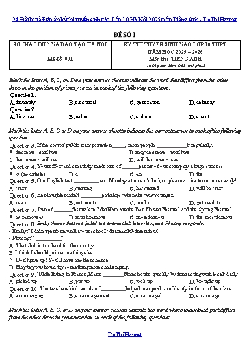 24 Đề thi và Đáp án kỳ thi tuyển sinh vào Lớp 10 Hà Nội 2025 môn Tiếng Anh