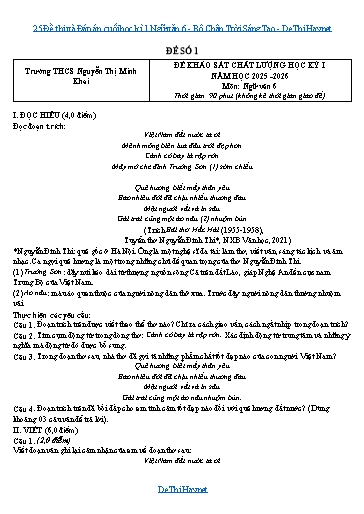 25 Đề thi và Đáp án cuối học kì 1 Ngữ văn 6 - Bộ Chân Trời Sáng Tạo