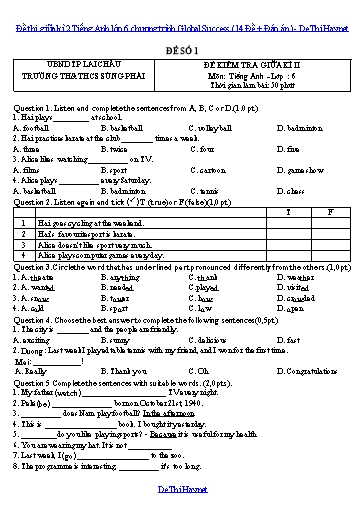 Đề thi giữa kì 2 Tiếng Anh lớp 6 chương trình Global Success (14 Đề + Đáp án)