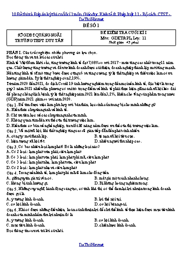 10 Đề thi và Đáp án kỳ thi cuối kì 1 môn Giáo dục Kinh tế & Pháp luật 11 - Bộ sách CTST