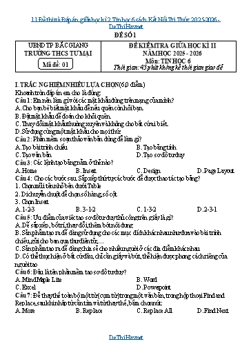 11 Đề thi và Đáp án giữa học kì 2 Tin học 6 sách Kết Nối Tri Thức 2025-2026