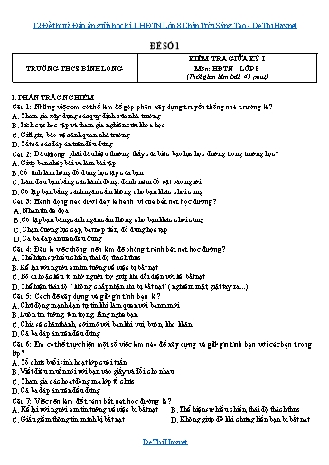 12 Đề thi và Đáp án giữa học kì 1 HĐTN Lớp 8 Chân Trời Sáng Tạo