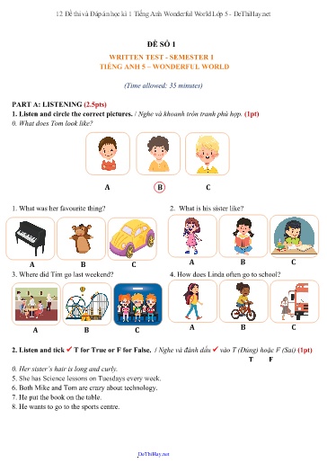 12 Đề thi và Đáp án học kì 1 Tiếng Anh Wonderful World Lớp 5