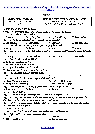 14 Đề thi giữa học kì 2 môn Lịch sử - Địa lí Lớp 7 sách Chân Trời Sáng Tạo năm học 2025-2026