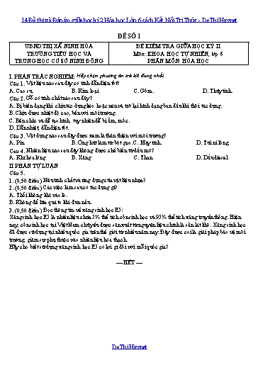 14 Đề thi và Đáp án giữa học kì 2 Hóa học Lớp 6 sách Kết Nối Tri Thức
