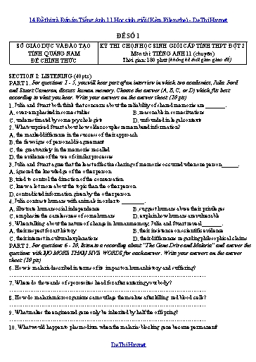 14 Đề thi và Đáp án Tiếng Anh 11 Học sinh giỏi (Kèm File nghe)