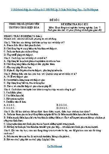 15 Đề thi và Đáp án cuối học kì 1 HĐTN Lớp 7 Chân Trời Sáng Tạo