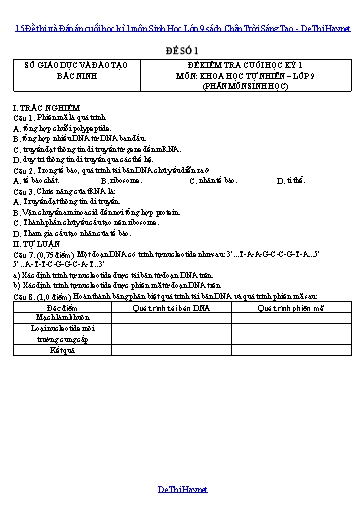 15 Đề thi và Đáp án cuối học kì 1 môn Sinh Học Lớp 9 sách Chân Trời Sáng Tạo