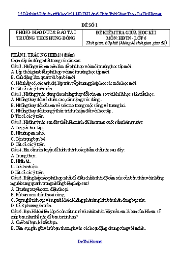 15 Đề thi và Đáp án giữa học kì 1 HĐTN Lớp 6 Chân Trời Sáng Tạo