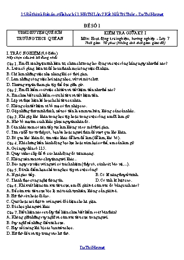 15 Đề thi và Đáp án giữa học kì 1 HĐTN Lớp 7 Kết Nối Tri Thức