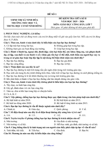 15 Đề thi và Đáp án giữa học kì 2 Giáo dục công dân 7 sách Kết Nối Tri Thức 2025-2026