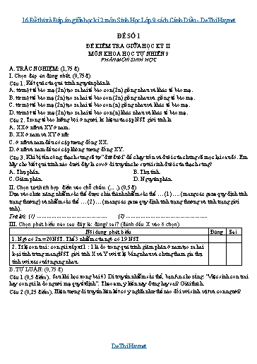 16 Đề thi và Đáp án giữa học kì 2 môn Sinh Học Lớp 9 sách Cánh Diều